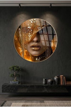 Gold Maske Kadın Cam Tablo | Dekoratif Duvar Tablosu | Solmayan Canlı Renkler | Mutfak ve Yemek Alanı | Doğum Günü Hediyesi | Salon ve Oturma Odası