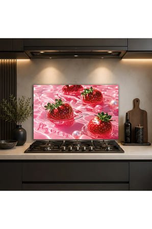 Pembe Temalı Çilekler Ankastre Ocak Arkası Cam Panel, Mutfak Tezgah Arası Temperli Cam Koruyucu, Isıya Dayanıklı Yağ Tutmaz Kolay Temizlenen Dekoratif Duvar Paneli