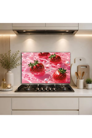Pembe Temalı Çilekler Ankastre Ocak Arkası Cam Panel, Mutfak Tezgah Arası Temperli Cam Koruyucu, Isıya Dayanıklı Yağ Tutmaz Kolay Temizlenen Dekoratif Duvar Paneli