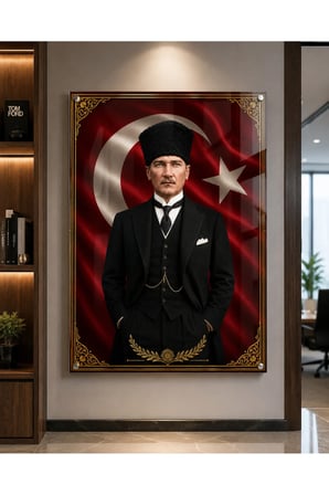 Türk Bayrağı Önünde Mustafa Kemal Atatürk Portresi Temperli Cam Tablo