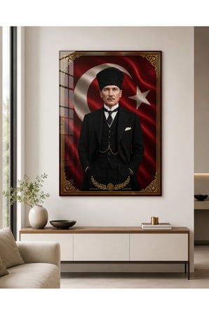 Türk Bayrağı Önünde Mustafa Kemal Atatürk Portresi Temperli Cam Tablo