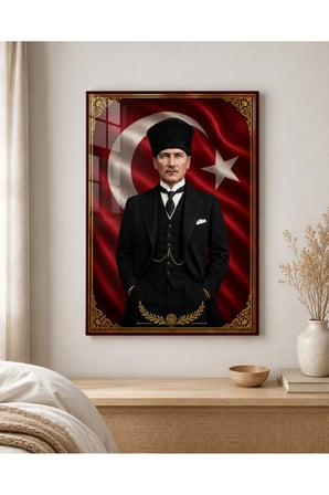 Türk Bayrağı Önünde Mustafa Kemal Atatürk Portresi Temperli Cam Tablo
