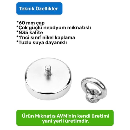 Ø70 mm Neodyum Deniz Mıknatısı 100 kg Çekim Gücü – 25Metre Halat ve Karabina Dahil Set