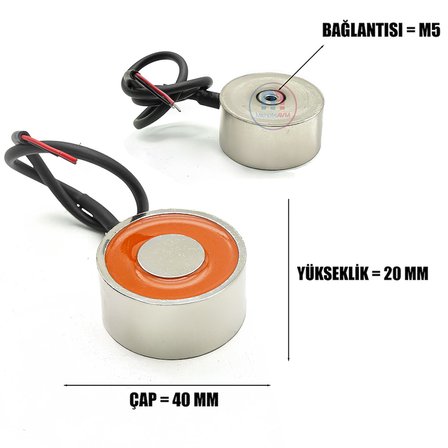 Ø40x20 mm 24V Elektromıknatıs – M5 Bağlantılı, Otomasyon ve Elektromekanik Kilit Sistemleri İçin