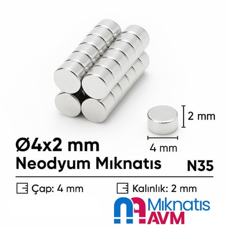 Ø4x2 mm Yuvarlak Neodyum Mıknatıs 10 Adet - 3D Yazıcı ve Maket İçin | Mıknatıs AVM - Magneteksan