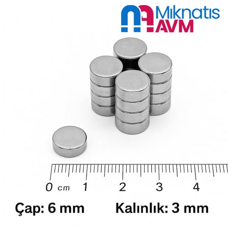 Ø6x3 mm N35 Yuvarlak Neodyum Mıknatıs 10 Adet - Okul Projeleri İçin | Mıknatıs AVM