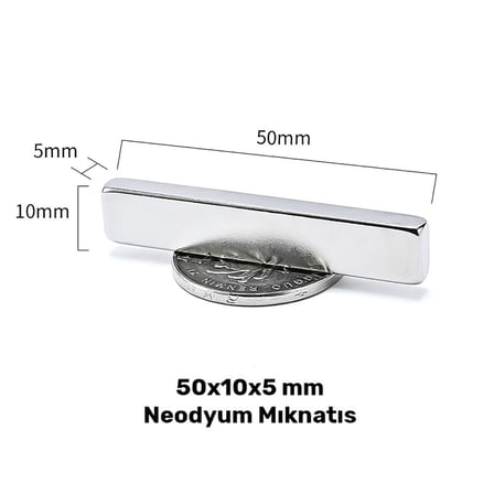 50x10x5 mm Neodyum Mıknatıs (Boy: 50 mm, En: 10 mm, Kalınlık: 5 mm) - 2 Adet