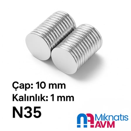 Ø10x1 mm N35 Yuvarlak Neodyum Mıknatıs 10 Adet - Kart ve Ambalaj İçin | Mıknatıs AVM
