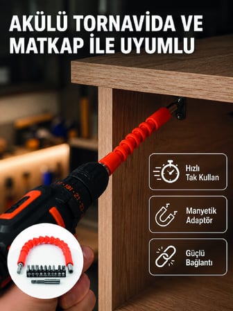 Esnek Bits Uç Seti 12 Parça Manyetik Adaptörlü Matkap Tornavida Aksesuarı