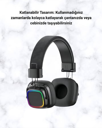 Bluetooth 5.3 Rainbow Işıklı Kulak Üstü Kablosuz Kulaklık Yeni Nesil