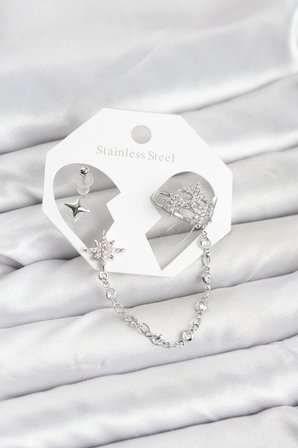 Kutup Yıldızı Model Pirinç Gümüş Renk Zincir Bağlantılı Ear Cuff Küpe Set