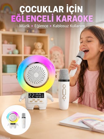 Renkli Işıklı Astronot Mini Bluetooth Speaker ve Karaoke Mikrofon