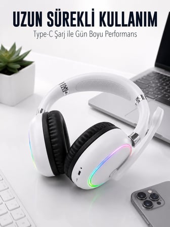Beyaz Bluetooth 5.0 Mikrofonlu Kablosuz Kulak Üstü Kulaklık RGB Işıklı Type-C 