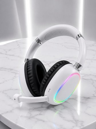 RGB Işıklı Mikrofonlu Bluetooth Kulaklık Beyaz Over-Ear Tasarım Type-C Şarjlı