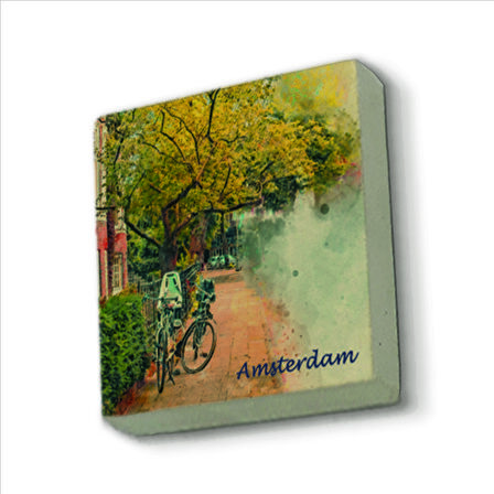 Amsterdam Görseli Baskılı Doğaltaş  Magnet(KRG-013)Buzdolabı Süsü