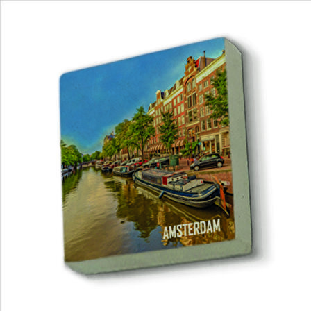 Amsterdam Görseli Baskılı Doğaltaş  Magnet(KRG-015)Buzdolabı Süsü