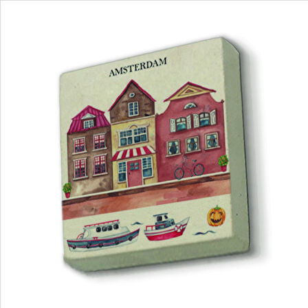 Amsterdam Görseli Baskılı Doğaltaş  Magnet(KRG-018)Buzdolabı Süsü