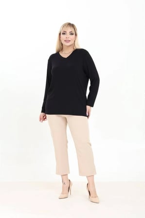 Büyük Beden Kadın V Yaka Uzun Kollu Basic Bluz Rahat Kalıp Günlük Tişört