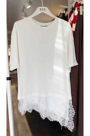 Asimetrik Kesim Oversize Bluz Saten ve Dantel Kombinli
