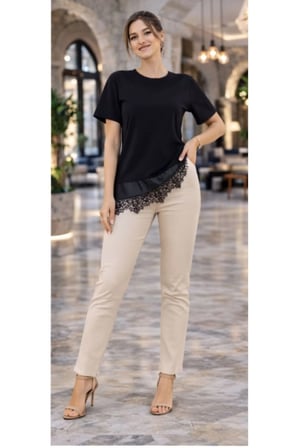 Asimetrik Kesim Oversize Bluz Saten ve Dantel Kombinli