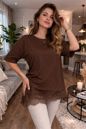 Pembe Oversize Tişört Saten Dantel Detaylı Asimetrik Bluz