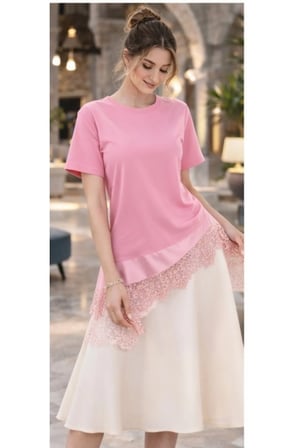 Pembe Oversize Tişört Saten Dantel Detaylı Asimetrik Bluz