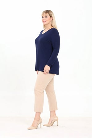 Büyük Beden Kadın V Yaka Uzun Kollu Basic Bluz Rahat Kalıp Günlük Tişört
