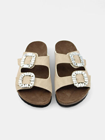 Bej Çift Tokalı Anatomik Rahat Taban Taşlı Kadın Terlik