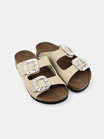 Bej Çift Tokalı Anatomik Rahat Taban Taşlı Kadın Terlik