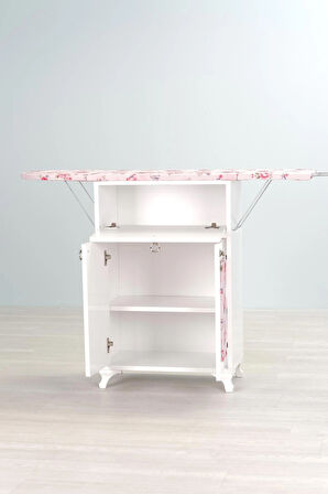 Mistik Home Rose Katlanır Dolaplı Ütü Masası / Ütü Dolabı – Beyaz Gövde, Pembe Çiçek Desenli