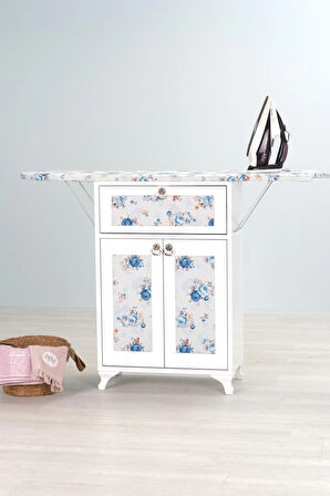 Mistik Home  Rose Katlanır Dolaplı Ütü Masası / Ütü Dolabı – Beyaz Gövde, Mavi Çiçek Desenli