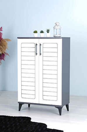 Mistik Home Luna 2 Kapaklı 4 Bölmeli Modern Ayakkabılık - Beyaz / Antrasit | 70x108x35 Cm