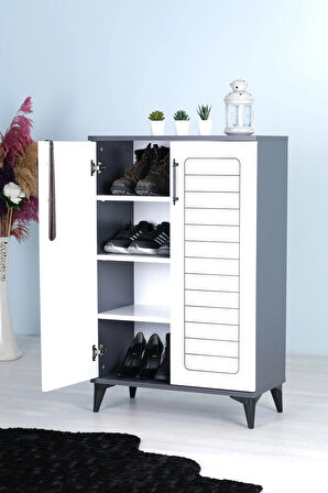 Mistik Home Luna 2 Kapaklı 4 Bölmeli Modern Ayakkabılık - Beyaz / Antrasit | 70x108x35 Cm