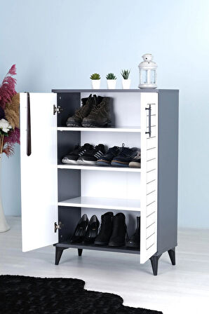 Mistik Home Luna 2 Kapaklı 4 Bölmeli Modern Ayakkabılık - Beyaz / Antrasit | 70x108x35 Cm
