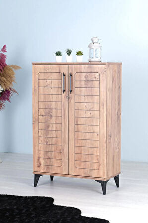 Mistik Home Luna 2 Kapaklı 4 Bölmeli Modern Ayakkabılık - Çam Desenli | 70x108x35 Cm