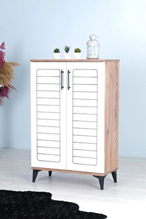 Mistik Home Luna 2 Kapaklı 4 Bölmeli Modern Ayakkabılık - Beyaz / Çam Desenli | 70x108x35 Cm