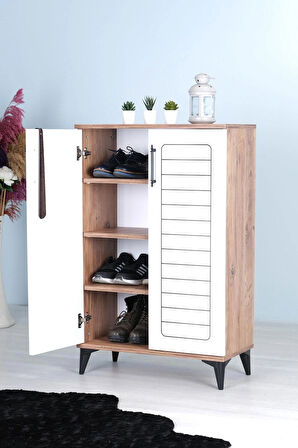 Mistik Home Luna 2 Kapaklı 4 Bölmeli Modern Ayakkabılık - Beyaz / Çam Desenli | 70x108x35 Cm