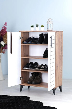 Mistik Home Luna 2 Kapaklı 4 Bölmeli Modern Ayakkabılık - Beyaz / Çam Desenli | 70x108x35 Cm