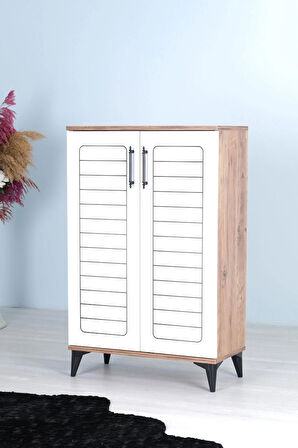 Mistik Home Luna 2 Kapaklı 4 Bölmeli Modern Ayakkabılık - Beyaz / Çam Desenli | 70x108x35 Cm