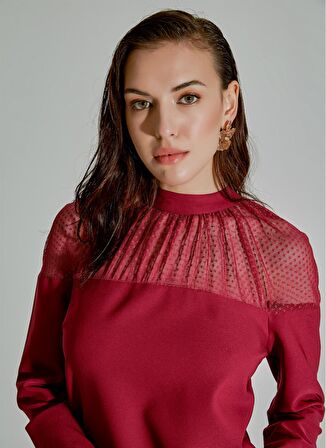 People By Fabrika Tül Detaylı Bordo Kadın Elbise