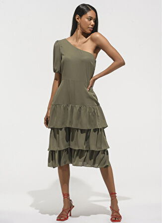 People By Fabrika Haki Kadın Midi Tek Omuz Elbise PFKSS22EL0079