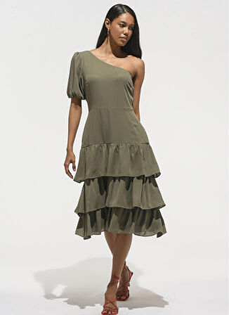 People By Fabrika Haki Kadın Midi Tek Omuz Elbise PFKSS22EL0079