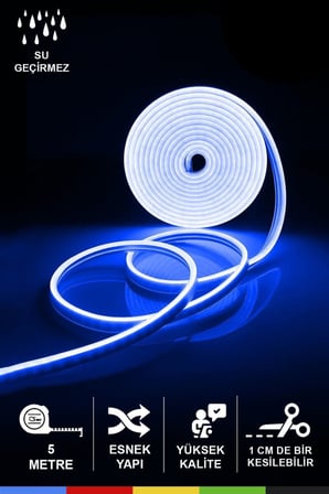 12V Dış Mekan M/60 2835 Mavi LED Şerit – 5 Metre, Kesilebilir ve Eklenebilir