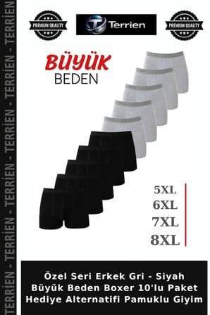 Özel Seri Erkek Gri - Siyah Büyük Beden Boxer 10'lu Paket Hediye Alternatifi Pamuklu Giyim