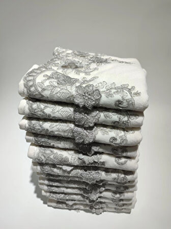 BEYAZ KADİFE GRİ GÜPÜRLÜ ÇİÇEK DESENLİ HAVLU