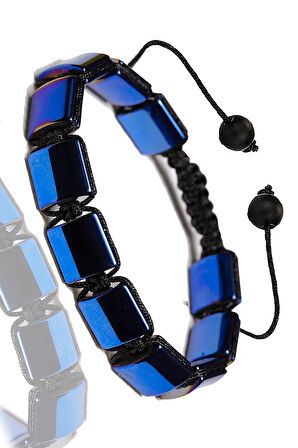 Sertifikalı Kare Mavi Hematit Taşı Bileklik - Makrome