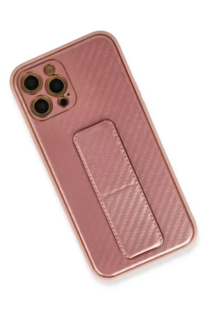 Newface Apple iPhone 12 Pro Kılıf Coco Karbon Standlı Kapak - Pembe