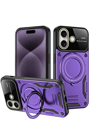 Newface Apple iPhone 16 Kılıf Joy Lens Standlı Kapak - Mor