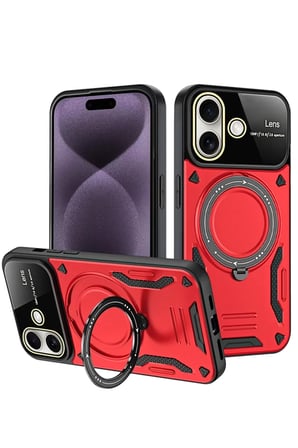 Newface Apple iPhone 16 Kılıf Joy Lens Standlı Kapak - Kırmızı