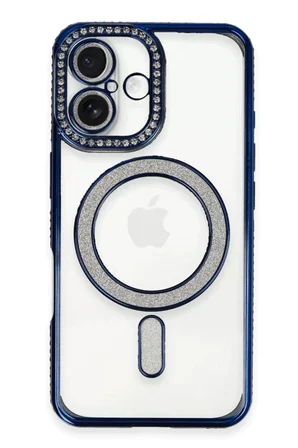 Newface Apple iPhone 16 Kılıf Joke Simli Magneticsafe Kılıf - Lacivert